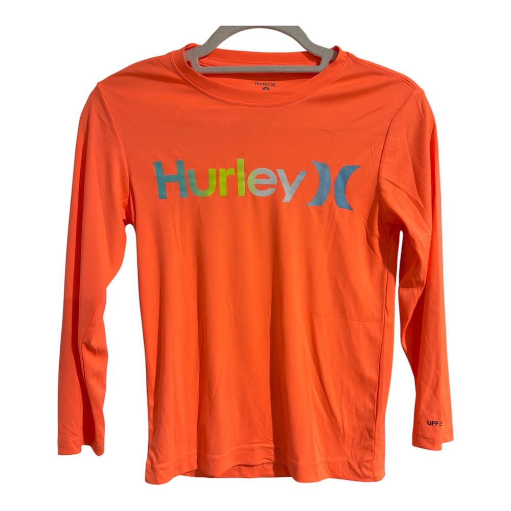 Hurley Kids Boys Neon Orange Long Sleeve Rash Guard Swim Shirt UPF 50+ Size M 8